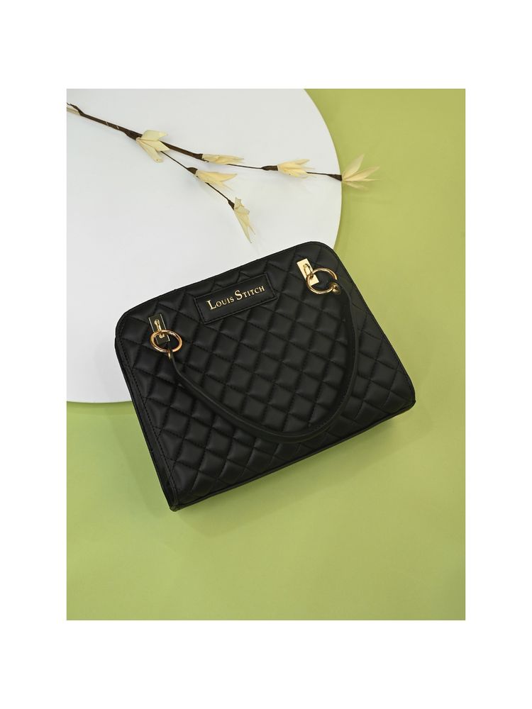 Louis Stitch Stylish Black Satchel Bag Purse for Women-picture-12