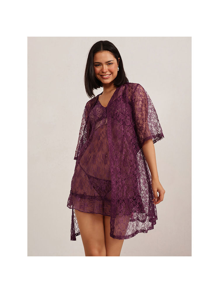 Clovia Lace Solid Robe Purple (Set of 2)-picture-25