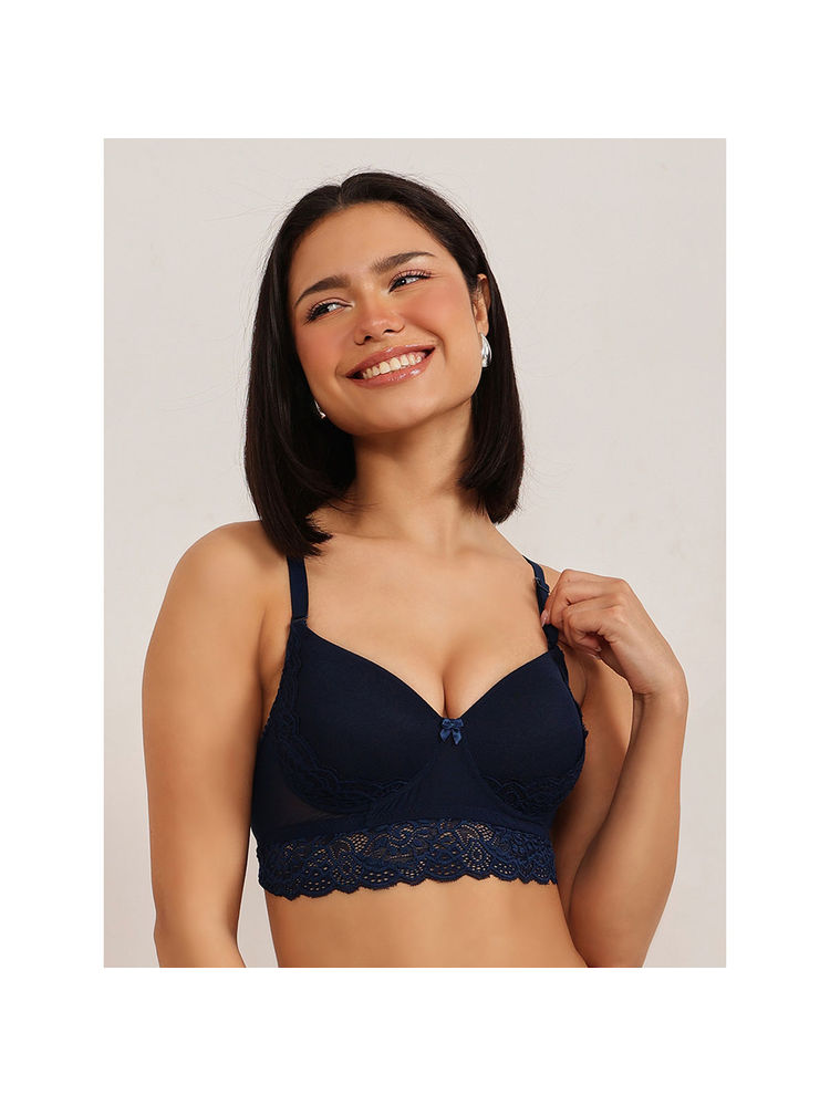 Clovia Powernet Solid Padded Full Cup Wire Free Bralette Bra - Dark Blue