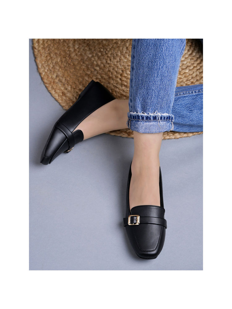 Shoetopia Square Toe Buckle Detailed Black Ballerinas-picture-16