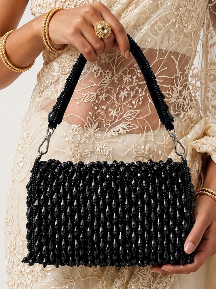 ARTKLIM Black Beaded Fringe Clutch With Detachable Strap-picture-16