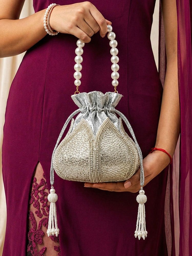 ARTKLIM Royal Silver Pearl Potli Bag With Detachable Strap-image-19