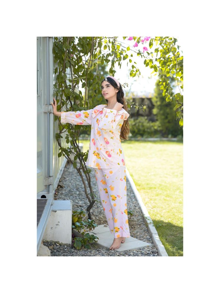 Dear Bed Comfort Clothing Pink Fruity Print Peter Pan Collar Shirt & Pyjama Set (Cotton Rayon)-image-8