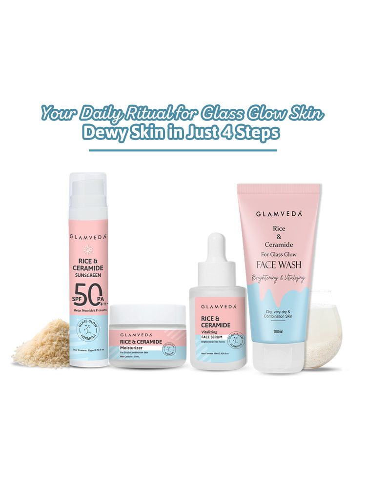 Glamveda Korean Glass Skin Rice & Ceramide Morning 4 Step Skincare Routine Combo For Women