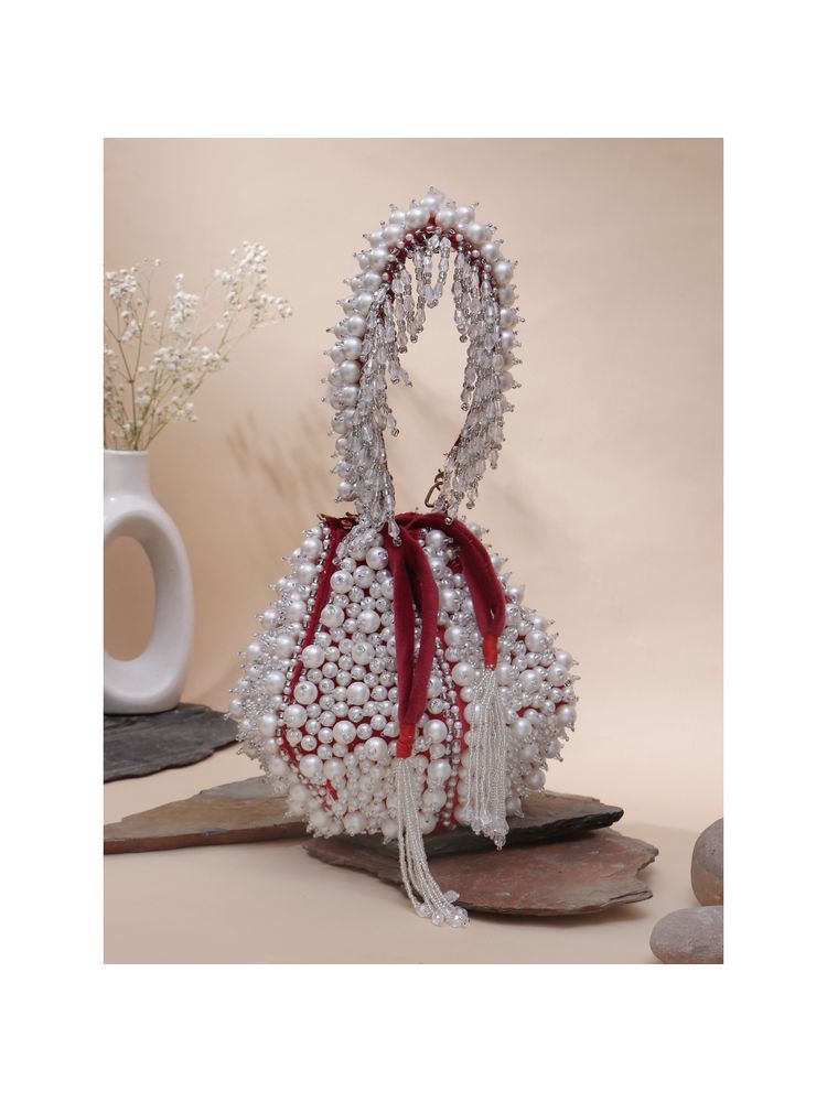 SWISNI New Red Seude Lotus Potli Bag (S)-picture-11
