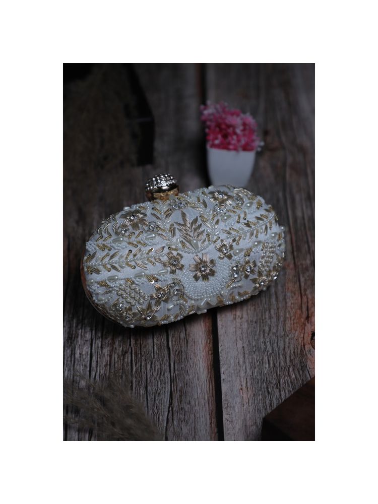SWISNI Designer White & Gold Embroidered Oval Shape Clutch (S)-picture-22