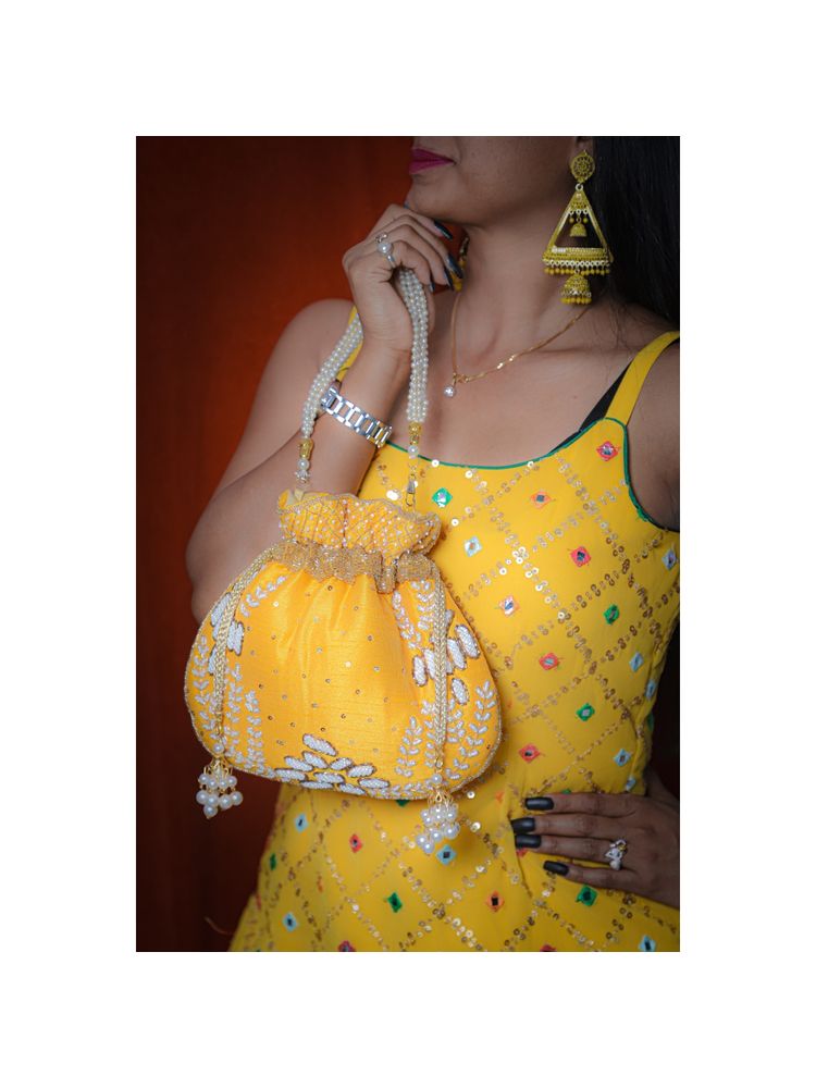 SWISNI Yellow Embroidred Potli Bag For Party (S)-picture-24
