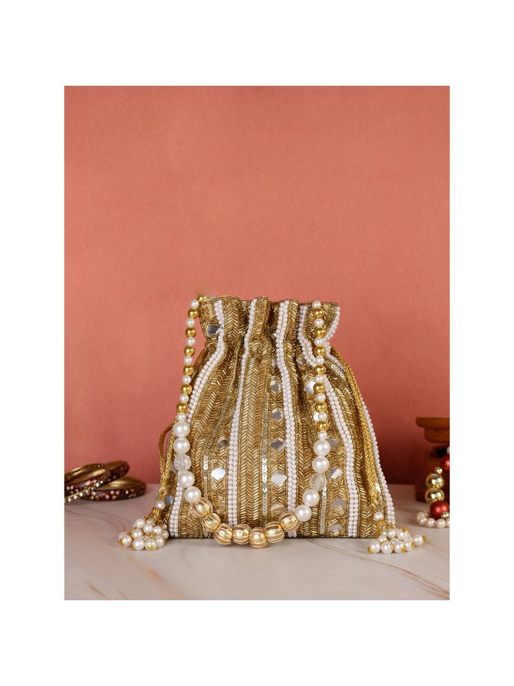 SWISNI Golden Mirror Embellished Double Side Potli Bag For Bride (S)-picture-20