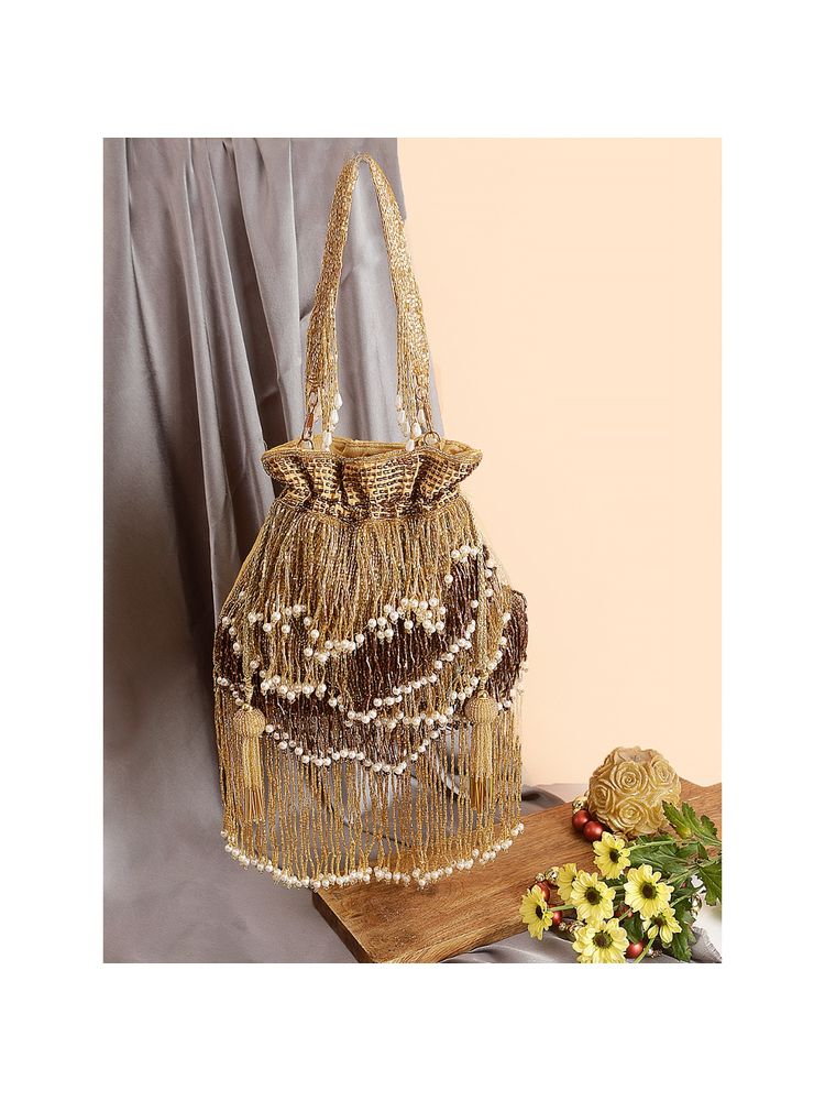 SWISNI Long Fringes Golden Designer Potli Bag (S)-picture-17