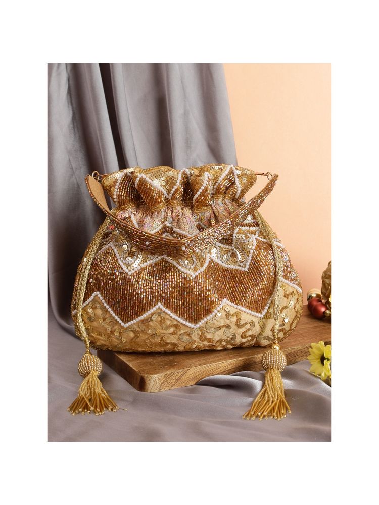 SWISNI Designer Golden Embellished Ethnic Potli Bag (S)