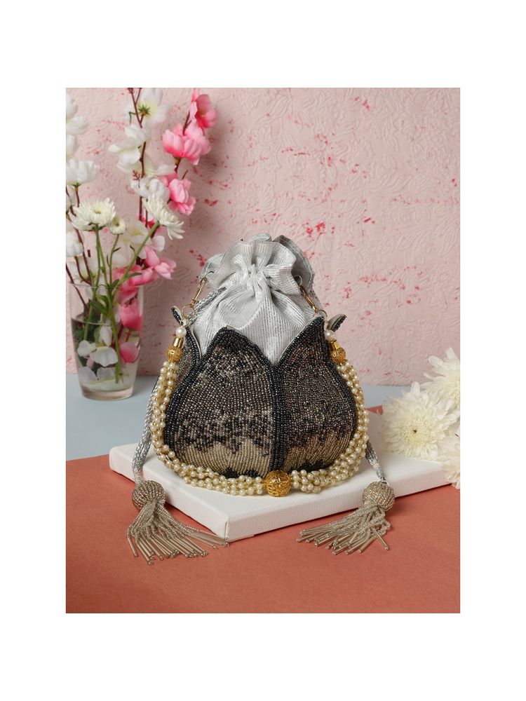 SWISNI Gray And Silver Lotus Potli For Bride (S)-picture-8