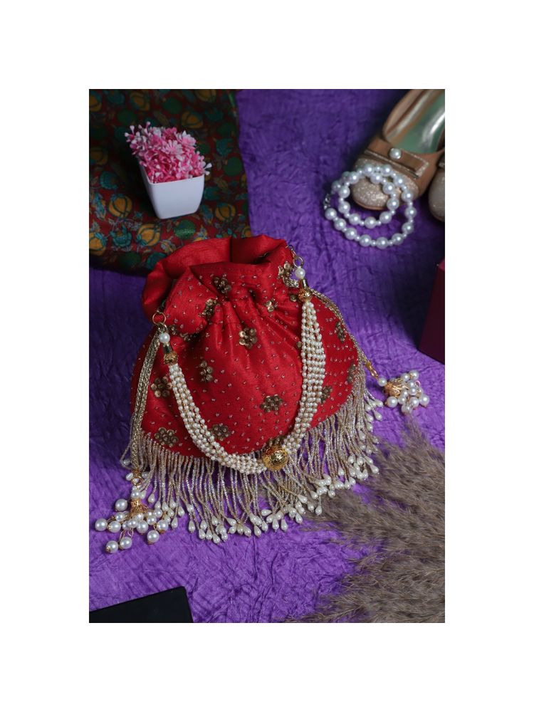 SWISNI Designer Red Double Side Potli Bag For Brides (S)