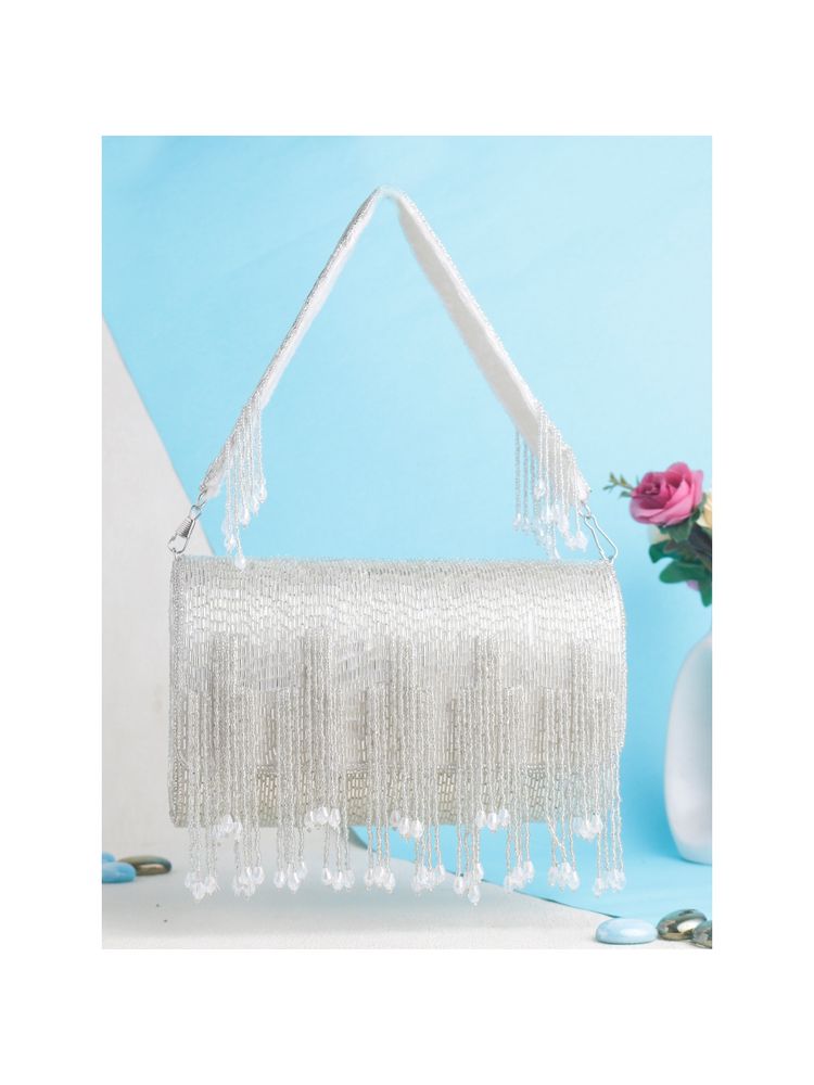 SWISNI Silver Crystal Flap Clutch Bag (S)-image-43