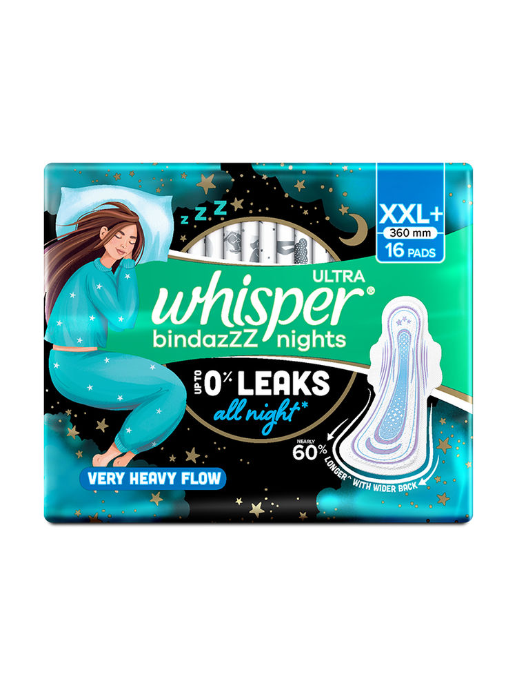 Whisper Bindazzz Nights Xxl+ Sanitary Pads, Upto 0% Leaks All Night Long