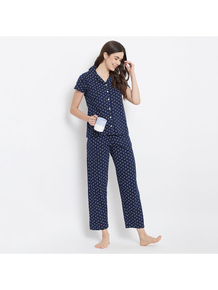 Clovia Cotton Printed Button Top & Pyjama Set - Blue-picture-24