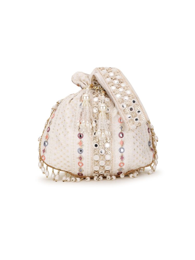 Anekaant Dangle Off White, Gold and Multi Mirror Work Embellished Faux Silk Potli