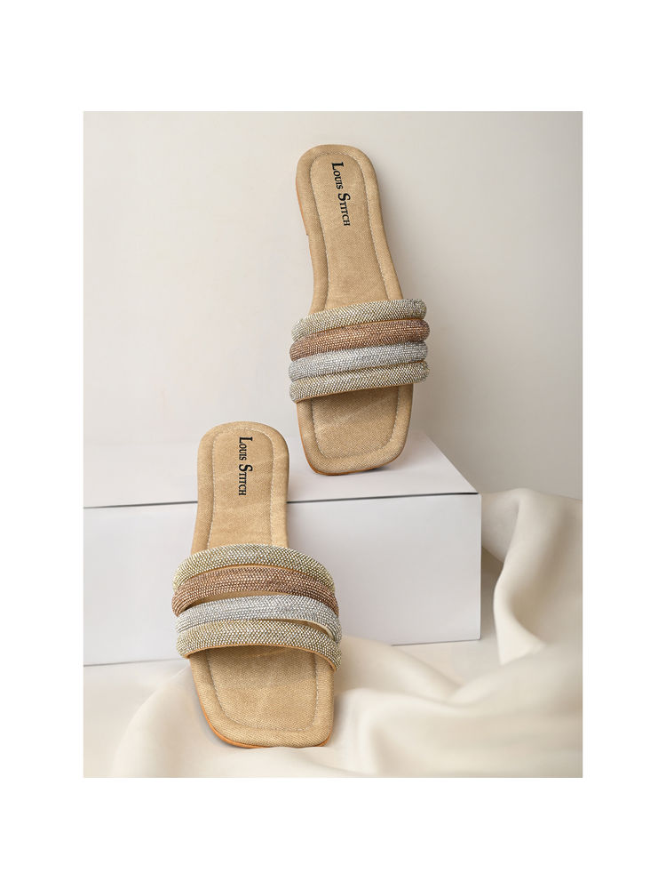 Louis Stitch Women Beige Glitter Multi Strap Flats-picture-12