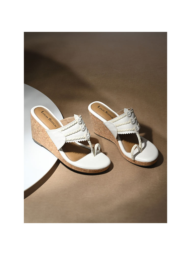 Louis Stitch Women White Toe Ring Wedges