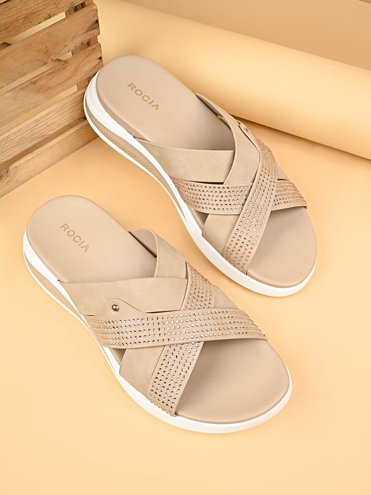 ROCIA Beige Women Strappy Diamond Studded Comfort Sandals-image-32