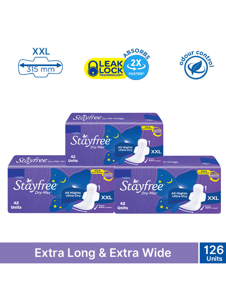 Stayfree DryMax All Nights Ultra Sanitary Pads with Dry Cover - XXL for Heavy Flow - 126 Pads Combo