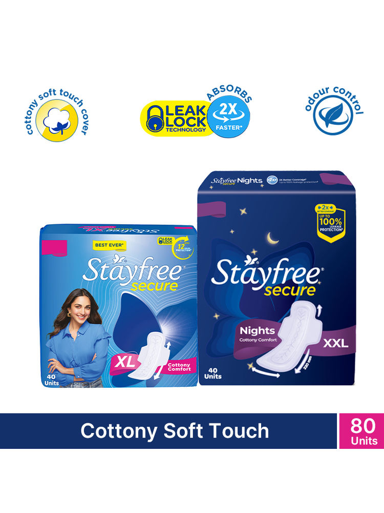 Stayfree Secure Day and Night Sanitary Pads Combo with Cottony Soft Cover - XL & XXL (Pack of 80)