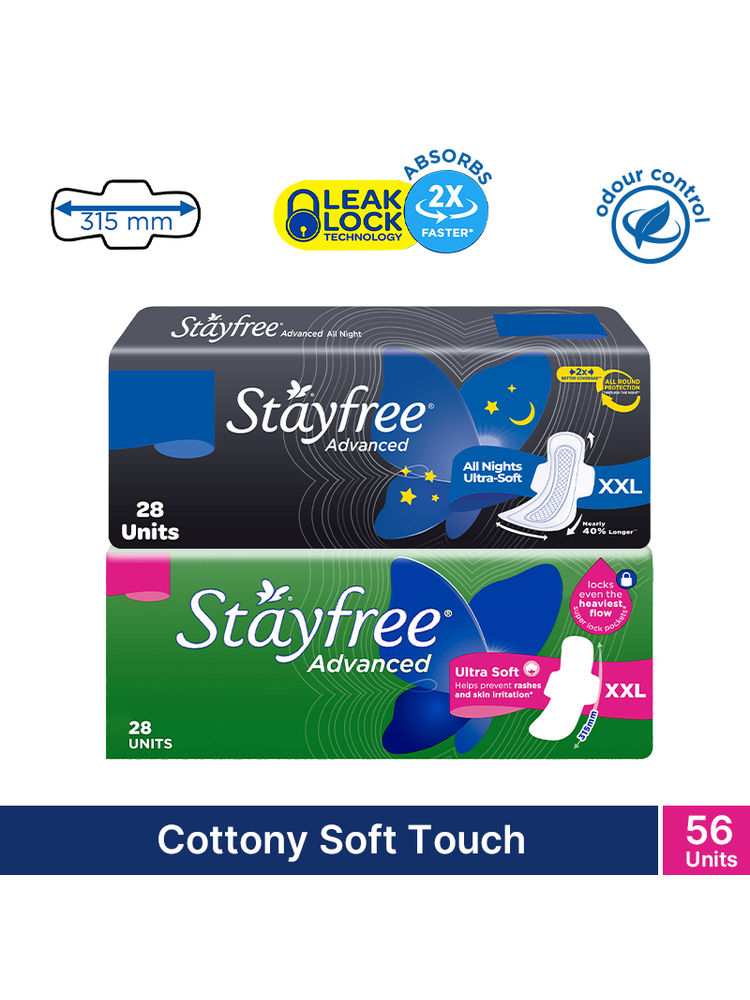 Stayfree Advanced Day and Night Sanitary Pads Combo with Cottony Soft Cover - XXL (Pack of 56)