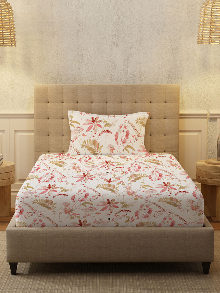 Urban Space Serene 200 Tc Cotton Bedsheets For Single Bed - Floral Feast Peach