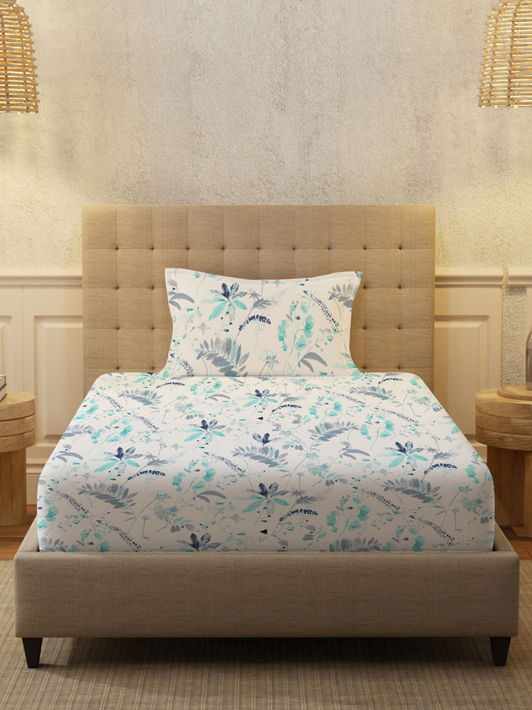 Urban Space Serene 200 Tc Cotton Bedsheets For Single Bed - Floral Feast Turquoise Blue