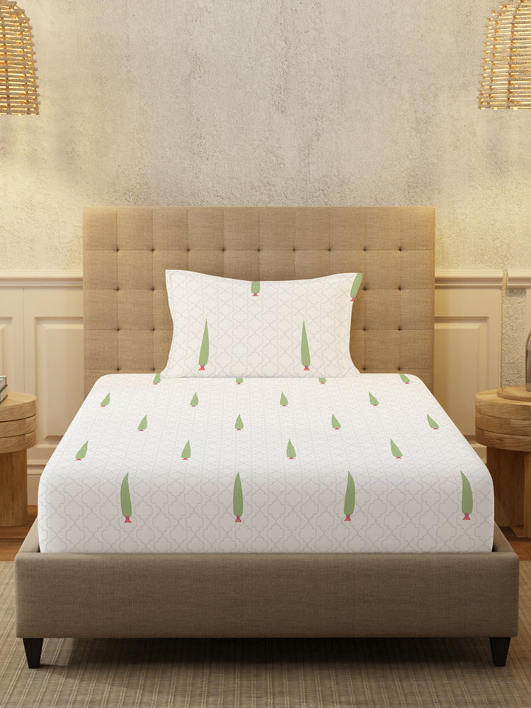 Urban Space Serene Cotton Bedsheets for Single Bed with Pillow Cover-Pinewood, White-image-41