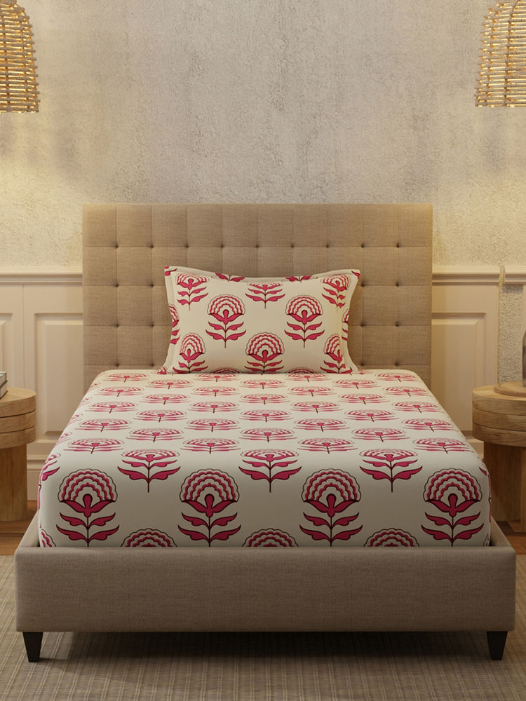 Urban Space Florabell Cherry Red Cotton Bedsheet with 1 Pillow Cover-picture-12