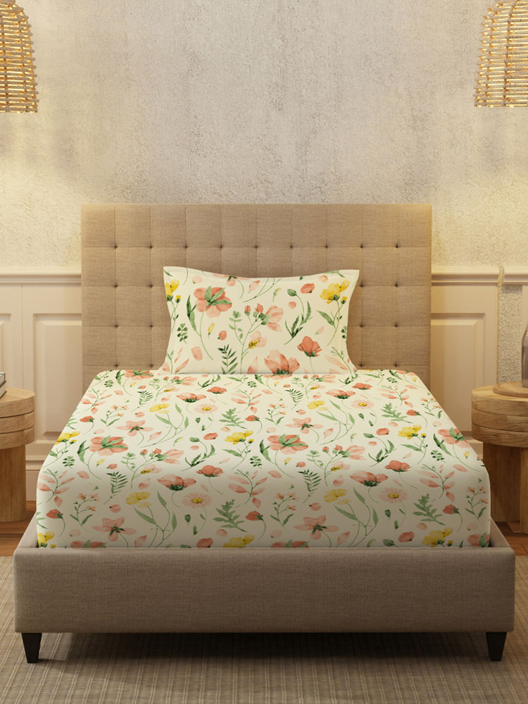 Urban Space Meadows Buttercream Cotton Bedsheet with 1 Pillow Cover-picture-11