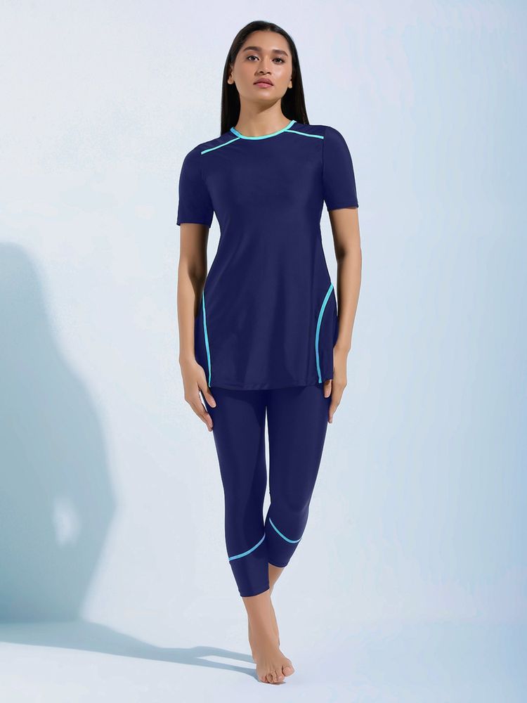 LYCOT Women'S Nylon Two Piece Swim T-Shirt And Tights - Navy Blue-image-5