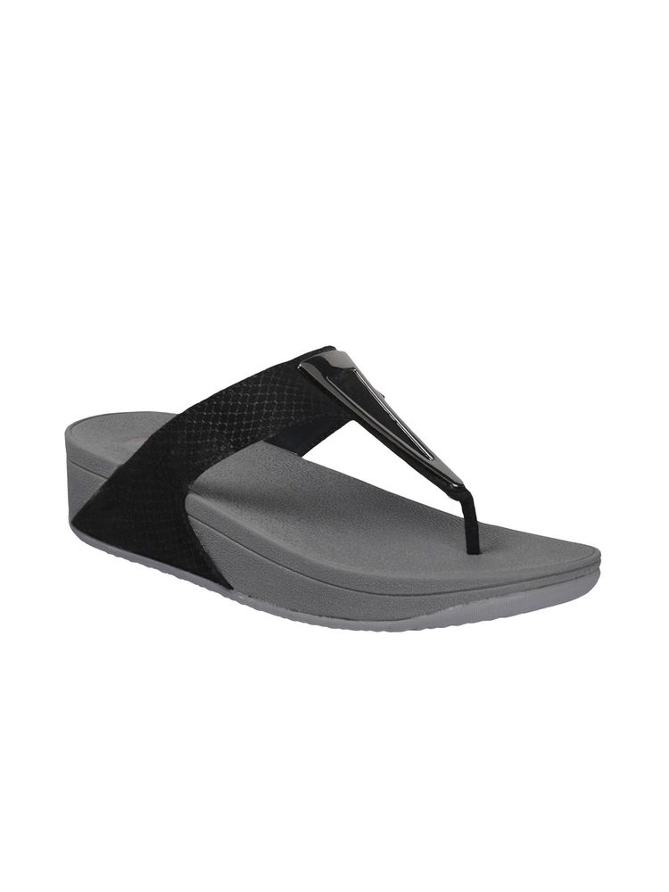 Metro Women Black-Grey Synthetic Slip On Wedges-image-26