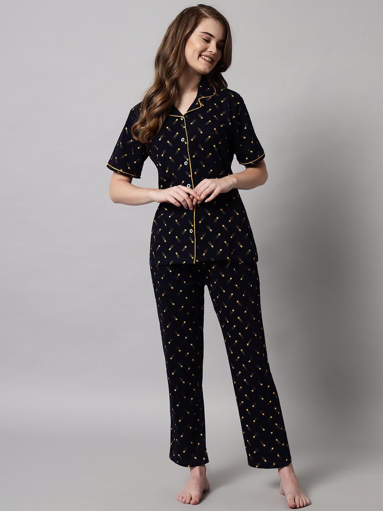 SEPHANI Navy Blue Star Printed Shirt with Pajama-image-3