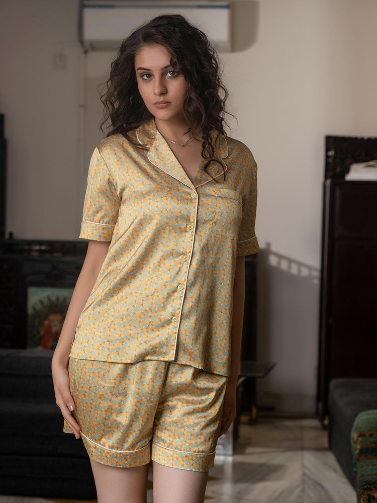 Slumber Jill Mustard Bloom Button Down Shirt with Shorts-picture-15
