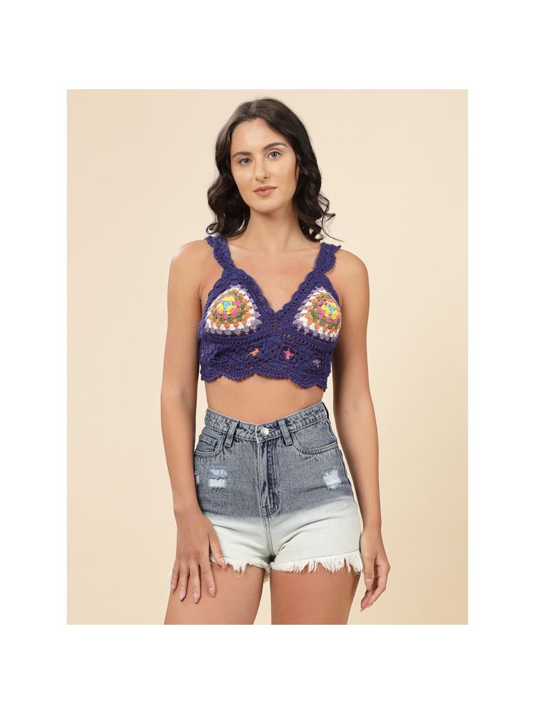 Velvery Blue V-Neck Frilled Straps Padded Bralette Top with Tie-Ups-image-7