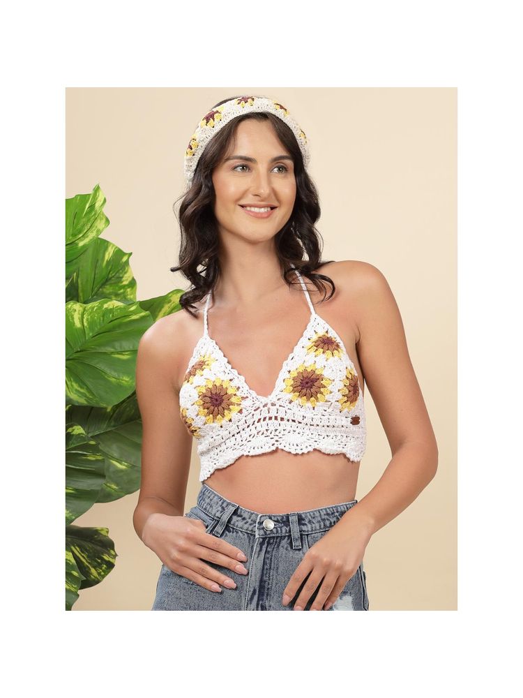 Velvery White Halter Neck Sun Flower Padded Bralette Top with Tie-Ups-picture-10