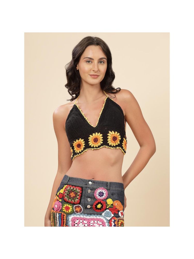 Velvery Black Halter Neck Sun Flower Padded Bralette Top with Tie-Ups-picture-49