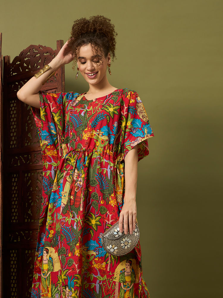 SEPHANI Red Printed Regular Fit Kaftan Dress-image-4