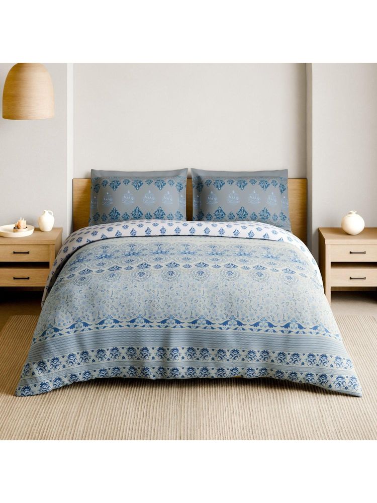 SPACES Blue Pottery All Aboard 210 TC Cotton Floral Print Bedsheet with 2 Pillow Covers-image-40