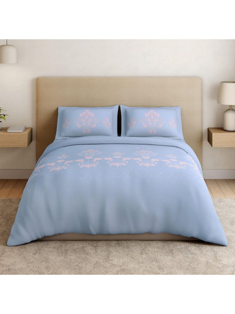 SPACES Intelligent Si Halogen Blue Cotton Soft Floral Print Bedsheet with 2 Pillow Covers-image-39