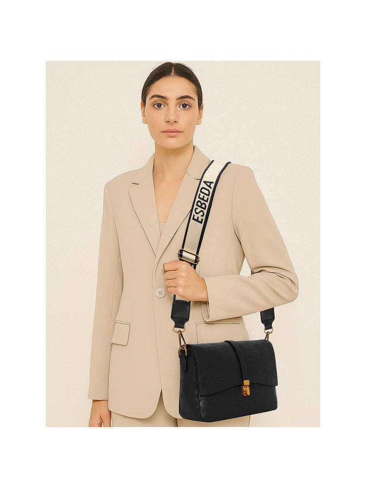 ESBEDA Black Pu Textured Handbag with Detachable Handle and Strap-image-9
