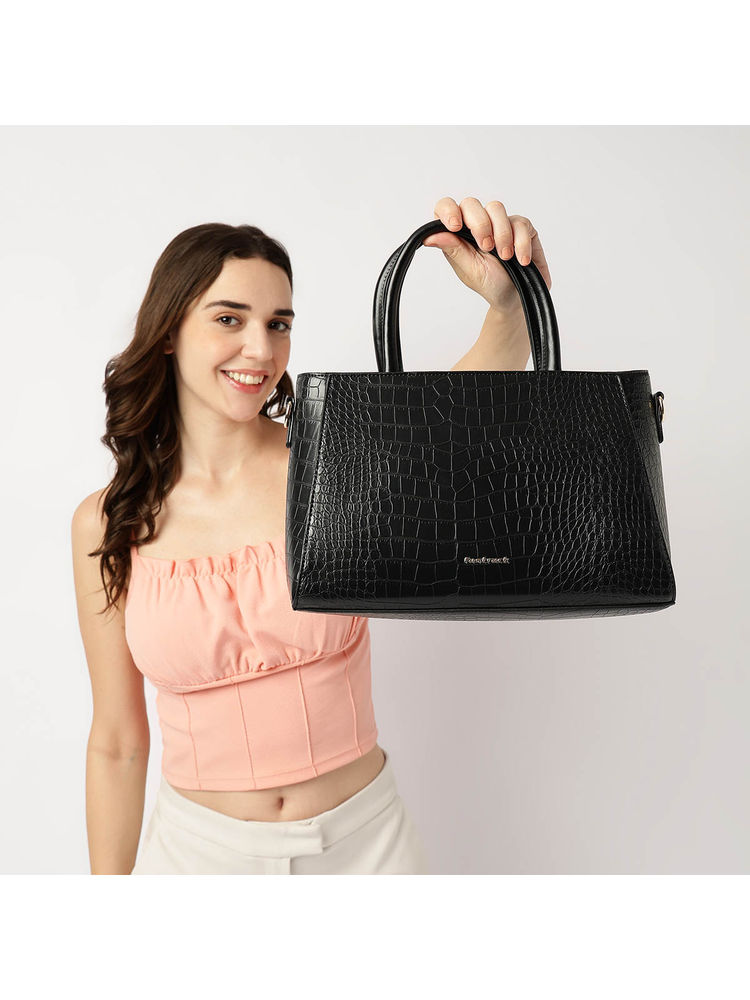 fastrack accessories Fastrack Black Croco Luxe Satchel Bag with Detachable Strap-picture-42