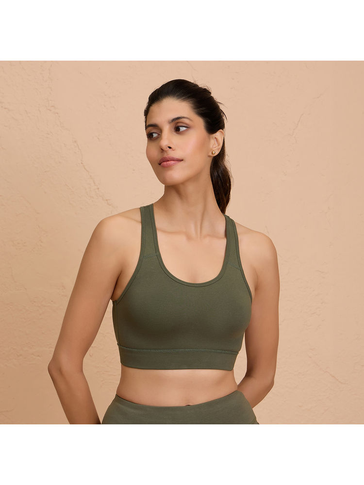 Nykd By Nykaa Cotton Stretch Slip On Sports Bra with Removable Cups NYK059 Beetle Green
