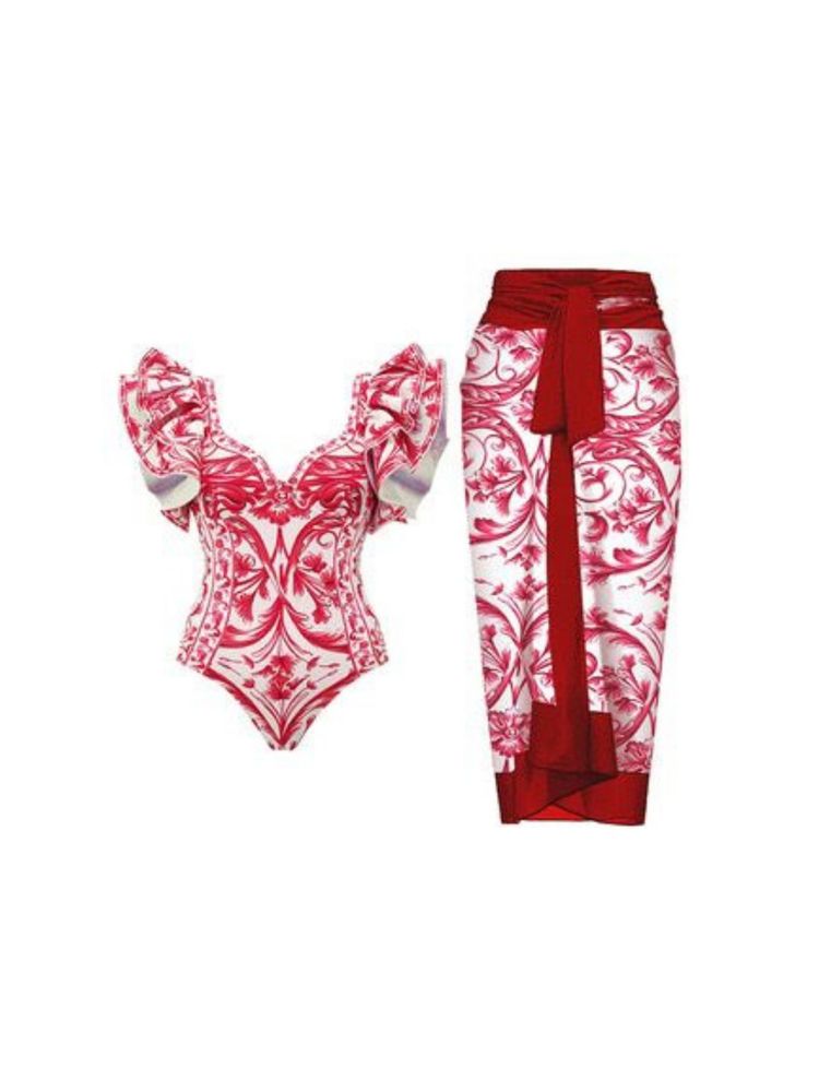 Addery Red And White Floral One-Piece Swimsuit With Matching Sarong (Set of 2)-image-5