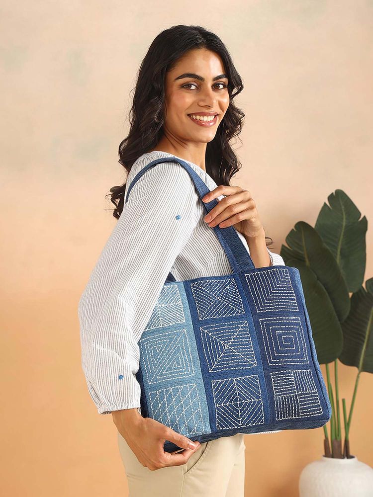 fabindia fashion Fabindia Blue Hand Embroidered Tote Bag-picture-49