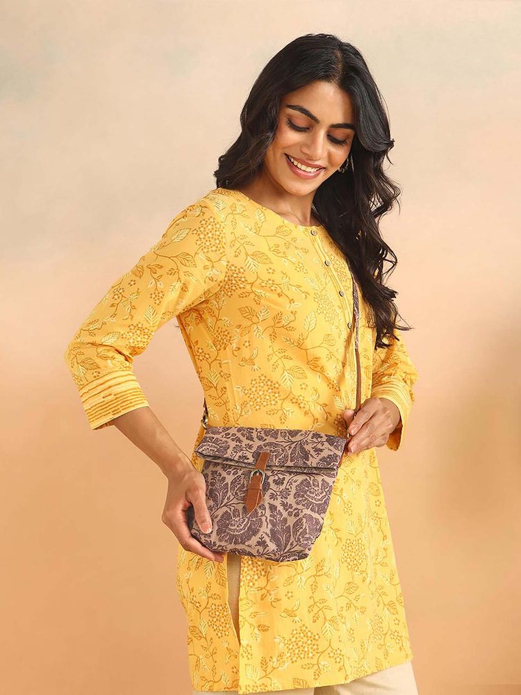 Fabindia Brown Hand Block Printed Sling Bag with Detachable Strap-image-13