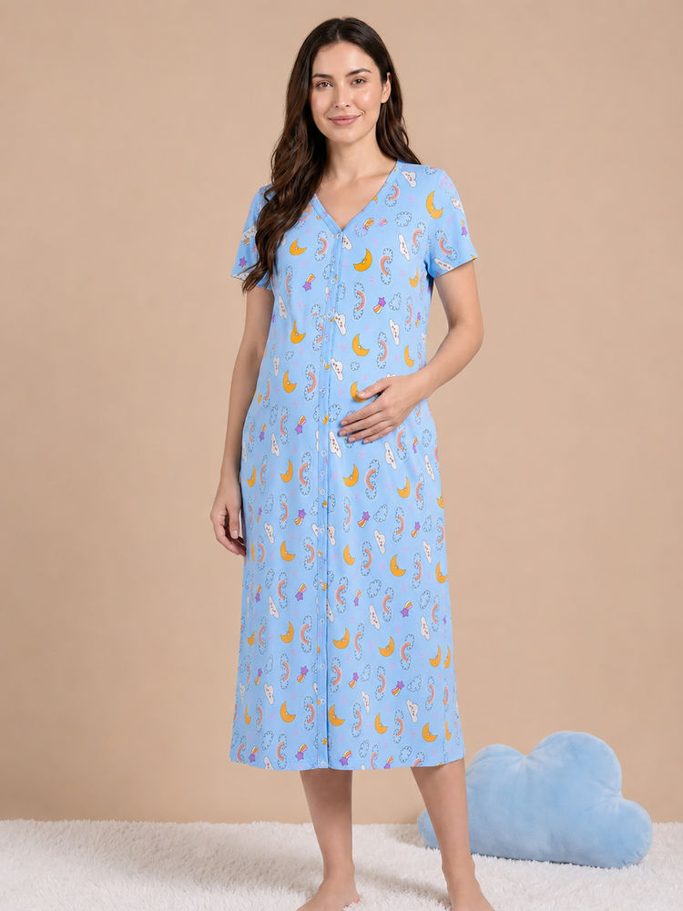 Secret Wish Blue Printed Hosiery Zipless Maternity Nighty-picture-11