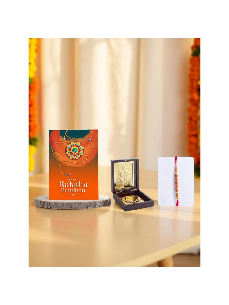 Golden Peacock Rakhi Gift Set (Ganesh Idol, Rakhi, Card)-picture-26