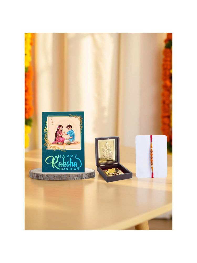 Golden Peacock Rakhi Gift Set (Ganesh Idol, Rakhi, Card)-picture-19